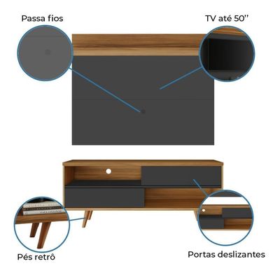 Bancada Retrô Com Painel Para Tv De Até 50 Polegadas Notável Preto / Freijó Trend Preto