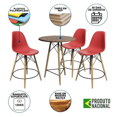 Conjunto Mesa Bistrô Eames Eiffel Amêndoa Com 3 Banquetas Vermelhas De Madeira - Cor: Marrom