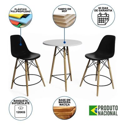 Conjunto Bistrô Eames Eiffel Mesa Branca Com 2 Banquetas Pretas De Madeira - Cor: Branco