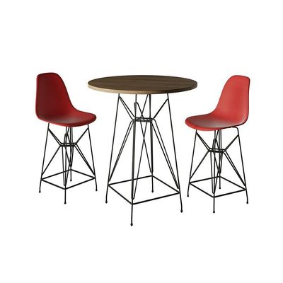 Jogo Mesa Bistrô Eames Tampo Amêndoa 60Cm 2 Banquetas Vermelha Base Ferro Preto - Cor: Amendoa