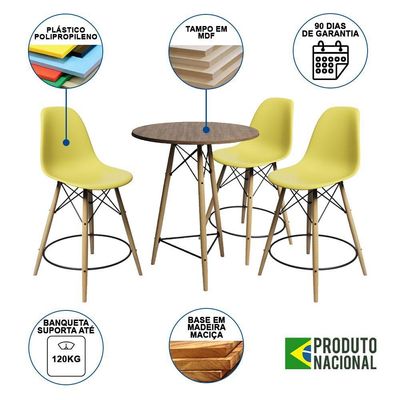 Conjunto Mesa Bistrô Eames Eiffel Amêndoa Com 3 Banquetas Amarelas De Madeira - Cor: Marrom