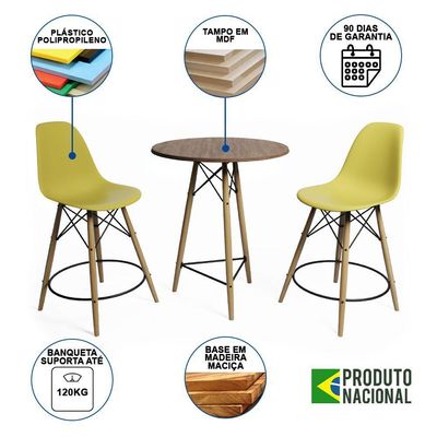 Mesa Bistrô Eames Eiffel Amêndoa Com 2 Banquetas Amarelas De Madeira - Cor: Marrom