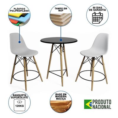 Mesa Bistrô Eames Eiffel Preta Com 2 Banquetas Brancas De Madeira - Cor: Preto