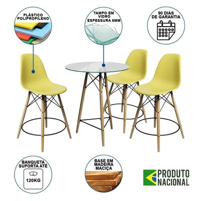 Conjunto Mesa Bistrô Eames Eiffel Vidro Com 3 Banquetas Amarelas De Madeira - Cor: Amarelo