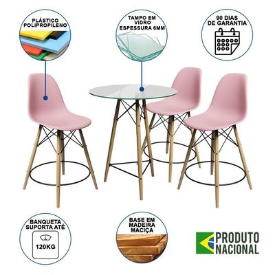 Conjunto Mesa Bistrô Eames Eiffel Vidro Com 3 Banquetas Rosas De Madeira - Cor: Rosa