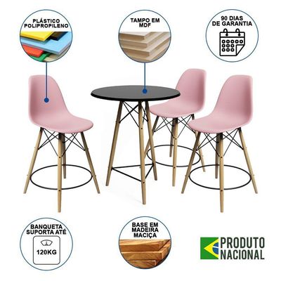 Conjunto Mesa Bistrô Eames Eiffel Preta Com 3 Banquetas Rosas De Madeira - Cor: Preto