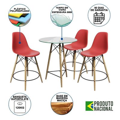 Conjunto Mesa Bistrô Eames Eiffel Vidro Com 3 Banquetas Vermelhas De Madeira - Cor: Vermelho