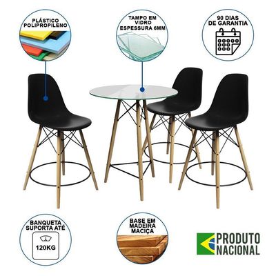 Conjunto Mesa Bistrô Eames Eiffel Vidro Com 3 Banquetas Pretas De Madeira - Cor: Preto