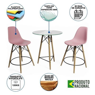 Mesa Bistrô Eames Eiffel Vidro Com 2 Banquetas Rosas De Madeira - Cor: Rosa