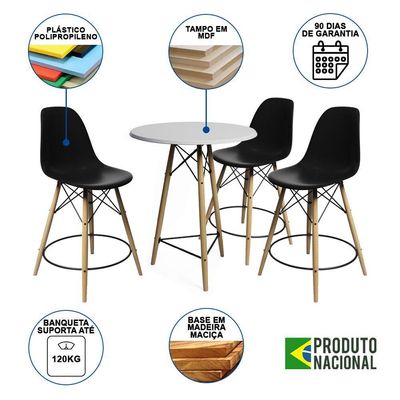 Mesa Bistrô Eames Eiffel Branca Com 3 Banquetas Pretas De Madeira - Cor: Branco
