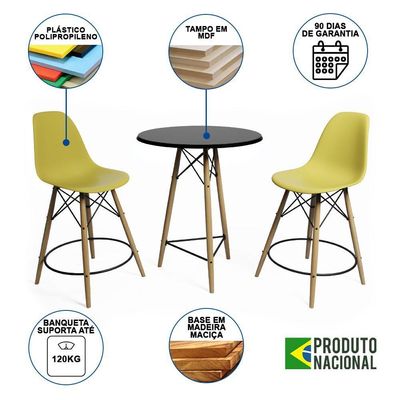 Mesa Bistrô Eames Eiffel Preta Com 2 Banquetas Amarelas De Madeira - Cor: Preto