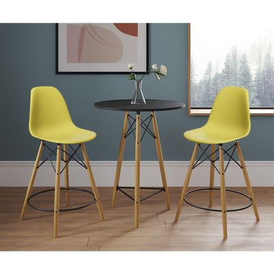 Mesa Bistrô Eames Eiffel Preta Com 2 Banquetas Amarelas De Madeira - Cor: Preto