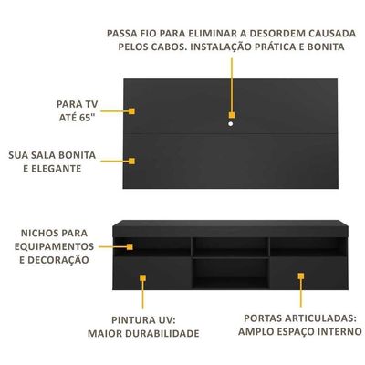 Rack Com Painel Tv 65" Flórida Multimóveis V3059 Preto Preto
