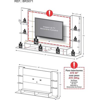 Painel Tv 60" Prateleiras De Vidro Brasil Br3071 Preto