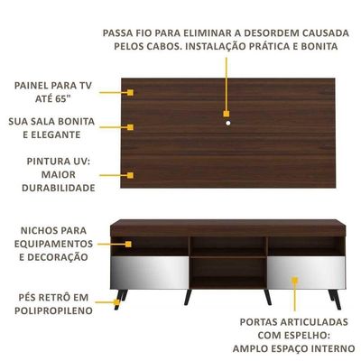 Rack Com Painel Tv 65" Retrô Com Espelho Multimóveis V3138