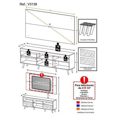 Rack Com Painel Tv 65" Retrô Com Espelho Multimóveis V3138