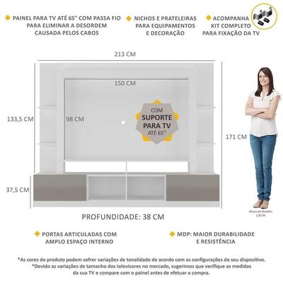Rack Estante + Painel Tv 65" Br3386 Branco/lacca Fumê