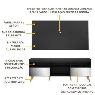 Rack Com Painel Tv 65" Retrô Com Espelho Multimóveis V3138