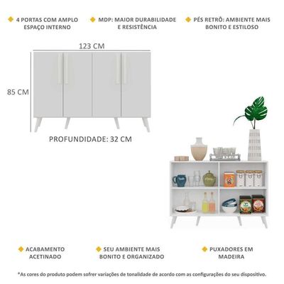 Aparador Buffet 4 Portas Retrô Viena V3606 Branco Branco