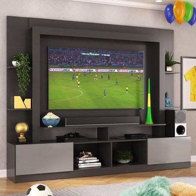 Rack Estante+Painel Tv 65" E Catar Br3395 Preto/lacca Fumê