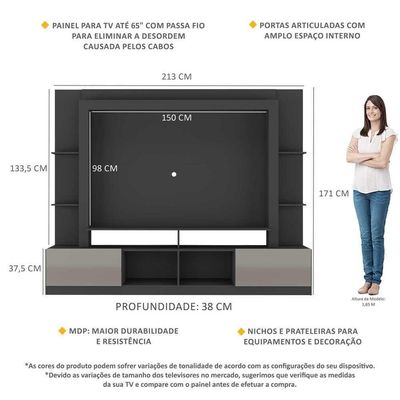 Rack Estante+Painel Tv 65" E Catar Br3395 Preto/lacca Fumê