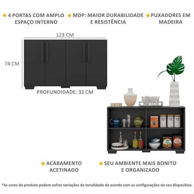 Aparador Buffet 4 Portas Com Pés Quadrados Viena V3607 Preto