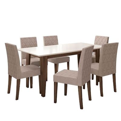 Conjunto Sala De Jantar Mesa Liz 6 Cadeiras Jade Poliman Amêndoa Com Off White