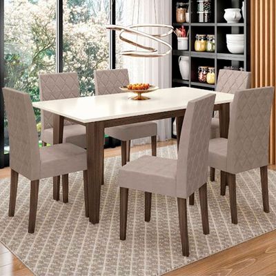 Conjunto Sala De Jantar Mesa Liz 6 Cadeiras Jade Poliman Amêndoa Com Off White