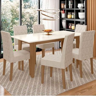 Conjunto Sala De Jantar Mesa Liz 6 Cadeiras Jade Poliman Carvalho Com Off White
