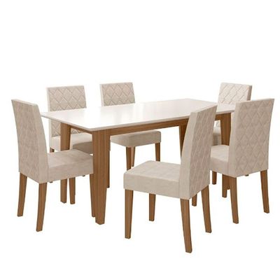 Conjunto Sala De Jantar Mesa Liz 6 Cadeiras Jade Poliman Carvalho Com Off White