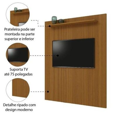 Painel Para Tv Até 75 Polegadas Ripado Impressão 3d Egeo Com Prateleira 1,80m Cedro Edn Cedro