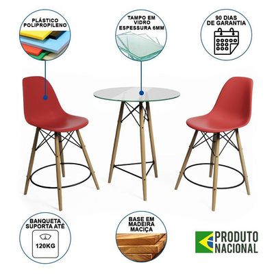 Mesa Bistrô Eames Eiffel Vidro Com 2 Banquetas Vermelhas De Madeira - Cor: Vermelho