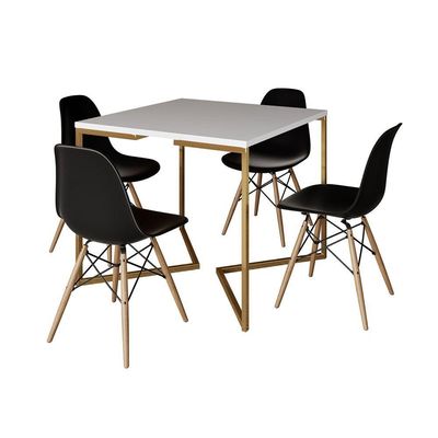 Mesa Jantar Industrial Quadrada 90Cm Branca Base V Dourada Com 4 Cadeiras Madeira Preta Cor: Branco
