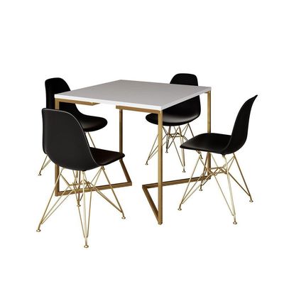 Mesa Jantar Industrial Quadrada 90Cm Branca Base V Com 4 Cadeiras Pretas Base Dourada Cor: Branco
