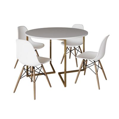 Mesa Jantar Industrial Redonda 110Cm Branca Base V Dourada Com 4 Cadeiras Madeira Branc Cor: Branco