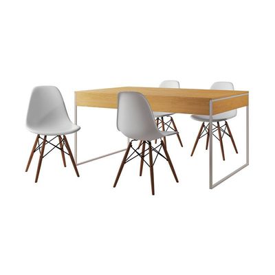 Mesa Jantar Industrial Retangular Canela 137X90Cm Base Ferro Branco C/4 Cadeiras Branca Cor: Canela