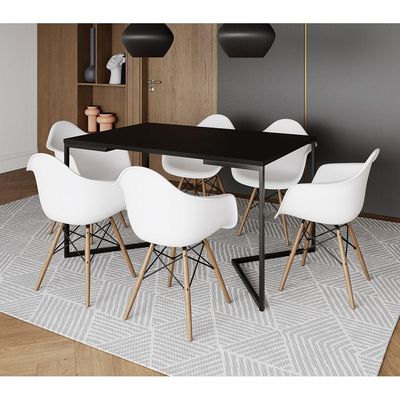 Mesa Jantar Industrial Preta Retangular 137X90Cm Base V Ferro Preto Com 6 Poltronas Bra Cor: Preto