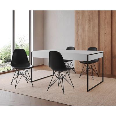 Mesa Jantar Industrial Retangular 137X90Cm Branca Com 4 Cadeiras Pretas Base Ferro Cor: Branco