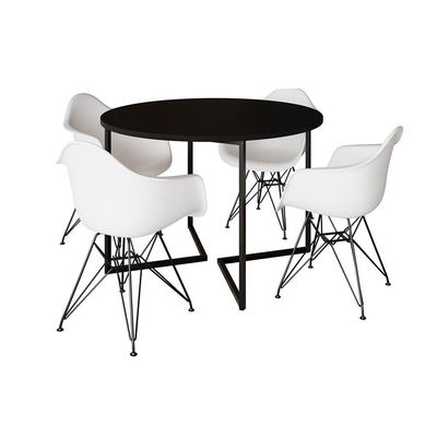 Mesa Industrial Jantar Redonda 110Cm Preta Base V Com 4 Poltronas Brancas Eames Daw Ferro Preto