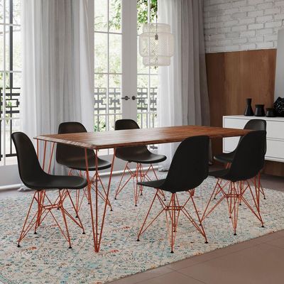 Mesa Sala De Jantar Industrial Amêndoa 135X75 6 Cadeiras Pretas De Ferro Cobre Cor: Marrom