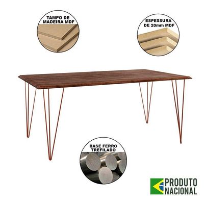 Mesa Sala De Jantar Industrial Amêndoa 135X75 6 Cadeiras Pretas De Ferro Cobre Cor: Marrom