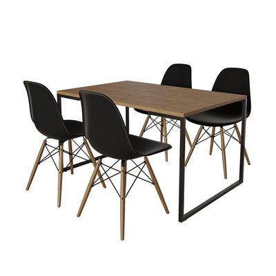 Mesa Industrial Base De Ferro Preto Tampo 137X90 Amêndoa 4 Cadeiras Madeira Assento Preto Marrom