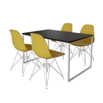 Mesa Industrial Base Ferro Branco Tampo 137X90 Preto 4 Cadeiras Ferro Branco Assento Amarelo Preto