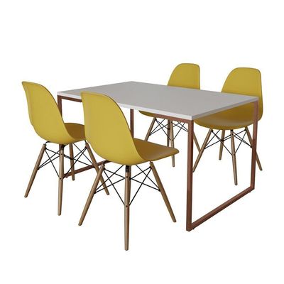 Mesa Industrial Base Ferro Cobre Tampo 137X90 Branco 4 Cadeiras Madeira Assento Amarelo Branco
