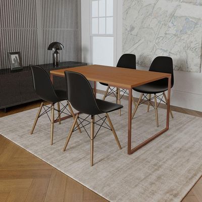 Mesa Industrial Base Ferro Cobre Tampo 137X90 Canela 4 Cadeiras Madeira Assento Preto Marrom