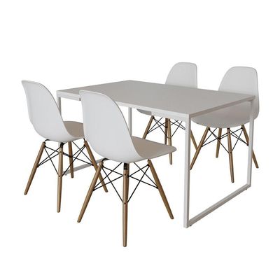Mesa Industrial Base Ferro Branco Tampo 137X90 Branco 4 Cadeiras Madeira Assento Branco Branco