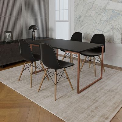 Mesa Industrial Base Ferro Cobre Tampo 137X90 Preto 4 Cadeiras Madeira Assento Preto Preto