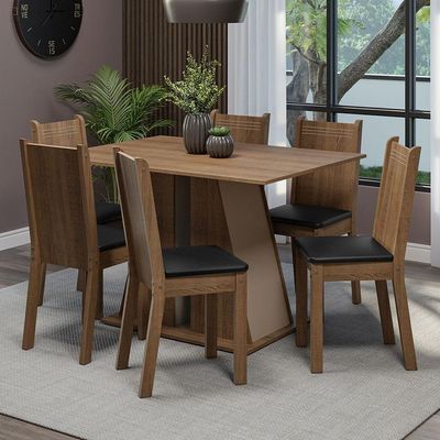 Conjunto Sala De Jantar Mesa Tampo De Madeira 6 Cadeiras Rustic/crema/preto
