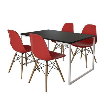 Mesa Industrial Base Ferro Branco Tampo 137X90 Preto 4 Cadeiras Madeira Assento Vermelho Preto