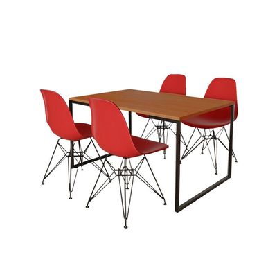 Mesa Industrial Base Ferro Preto Tampo 137X90 Canela 4 Cadeiras Ferro Preto Assento Vermelho Marrom